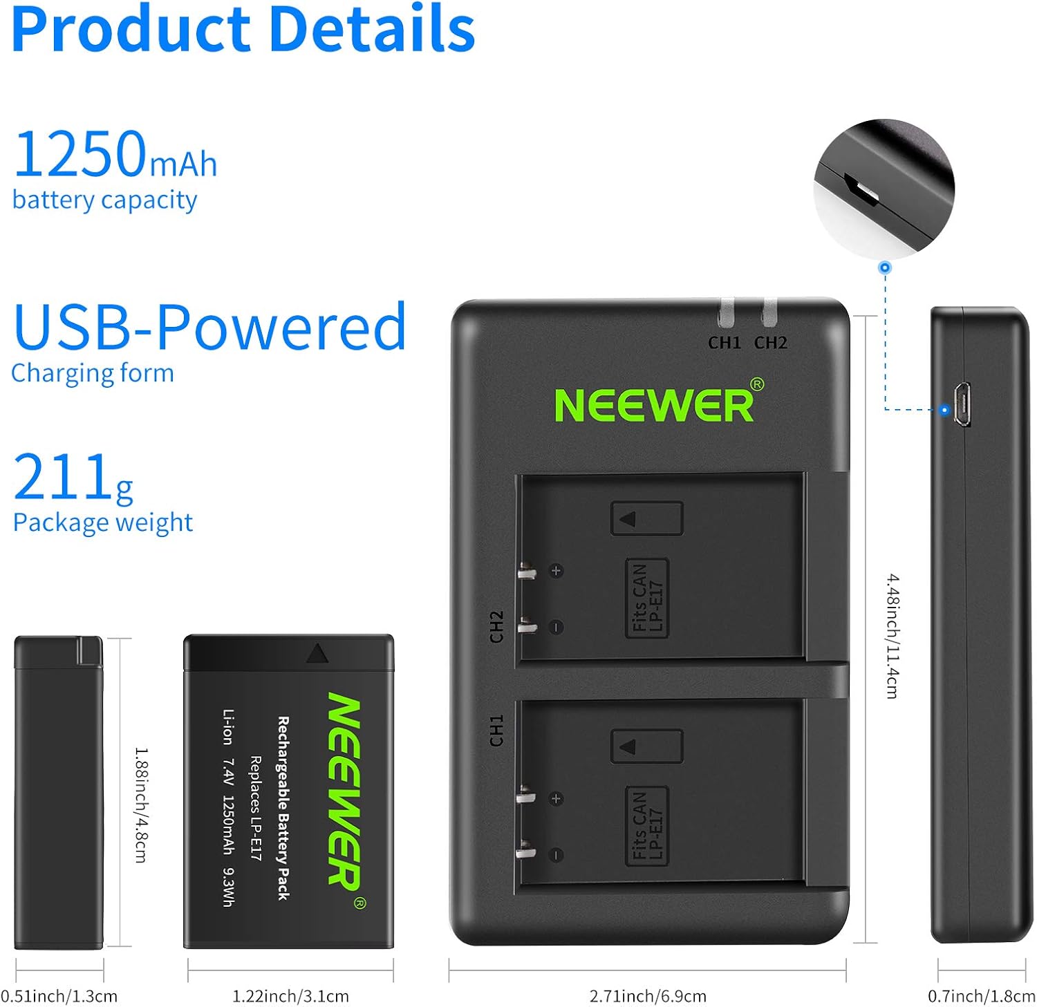 Set 2 Baterías LP-E17 y Cargador USB Neewer para Canon