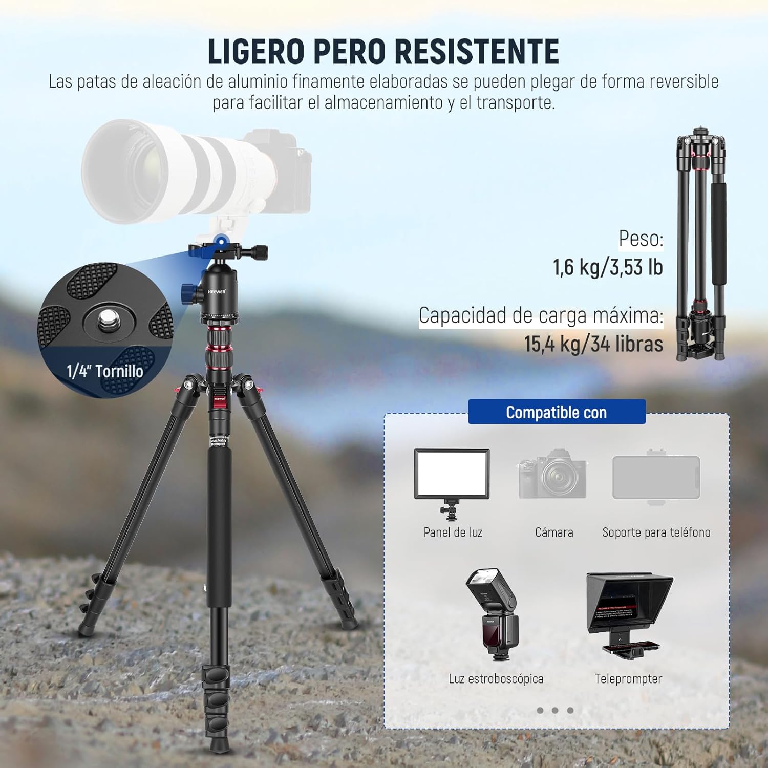 Trípode Monopie Neewer 195 cm con Soporte y Control Remoto