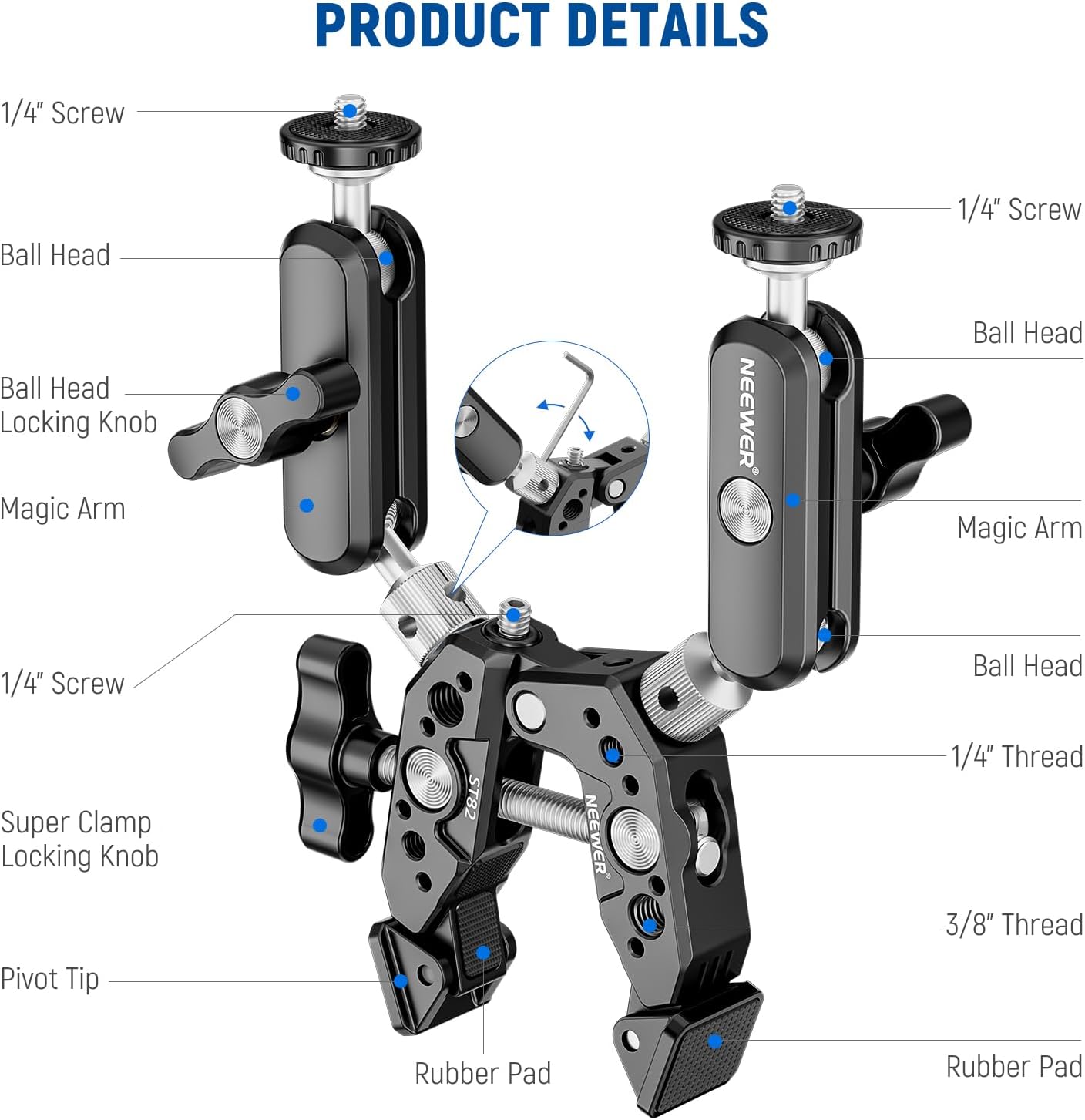 Super Clamp Neewer con 2 Brazos Mágicos de Bola 360°