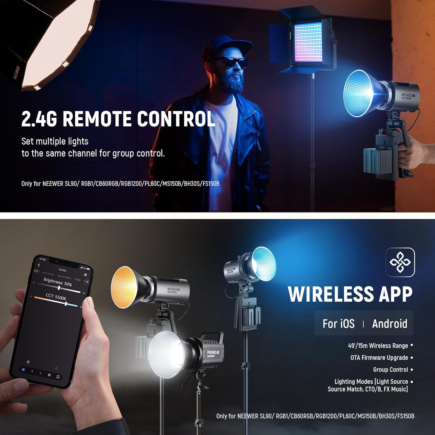 Foco de mano con luz LED RGB para video Neewer MS60C