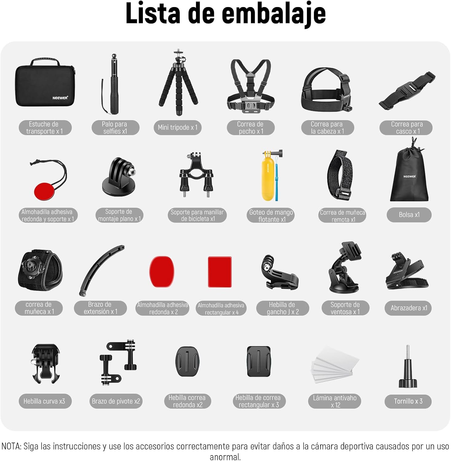 Kit Accesorios 50 en 1 Neewer para Cámaras de Acción