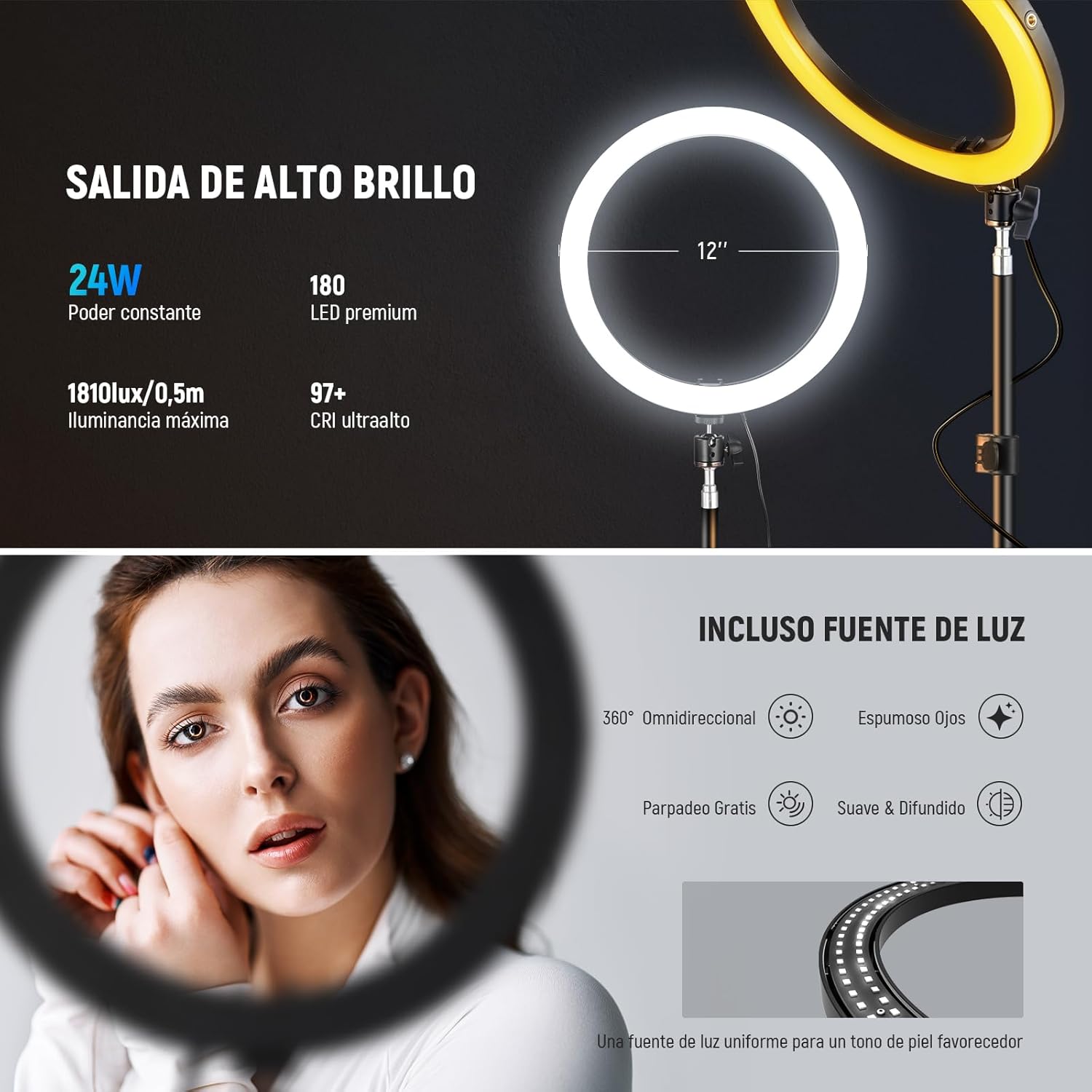Anillo de Luz LED Neewer RH12B de 30,5 cm con Soporte de 180 cm