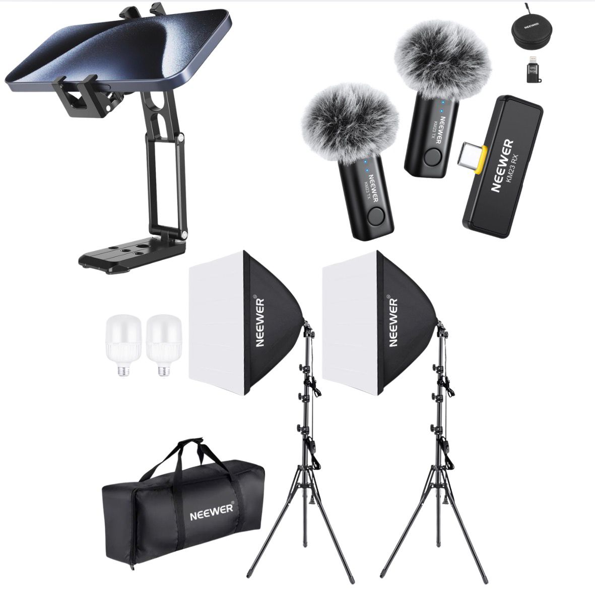 Kit Creator Mobile PRO Micrófono Neewer KM23 + Kit Iluminación Neewer NW48 II + Tripode y soporte Neewer para celular