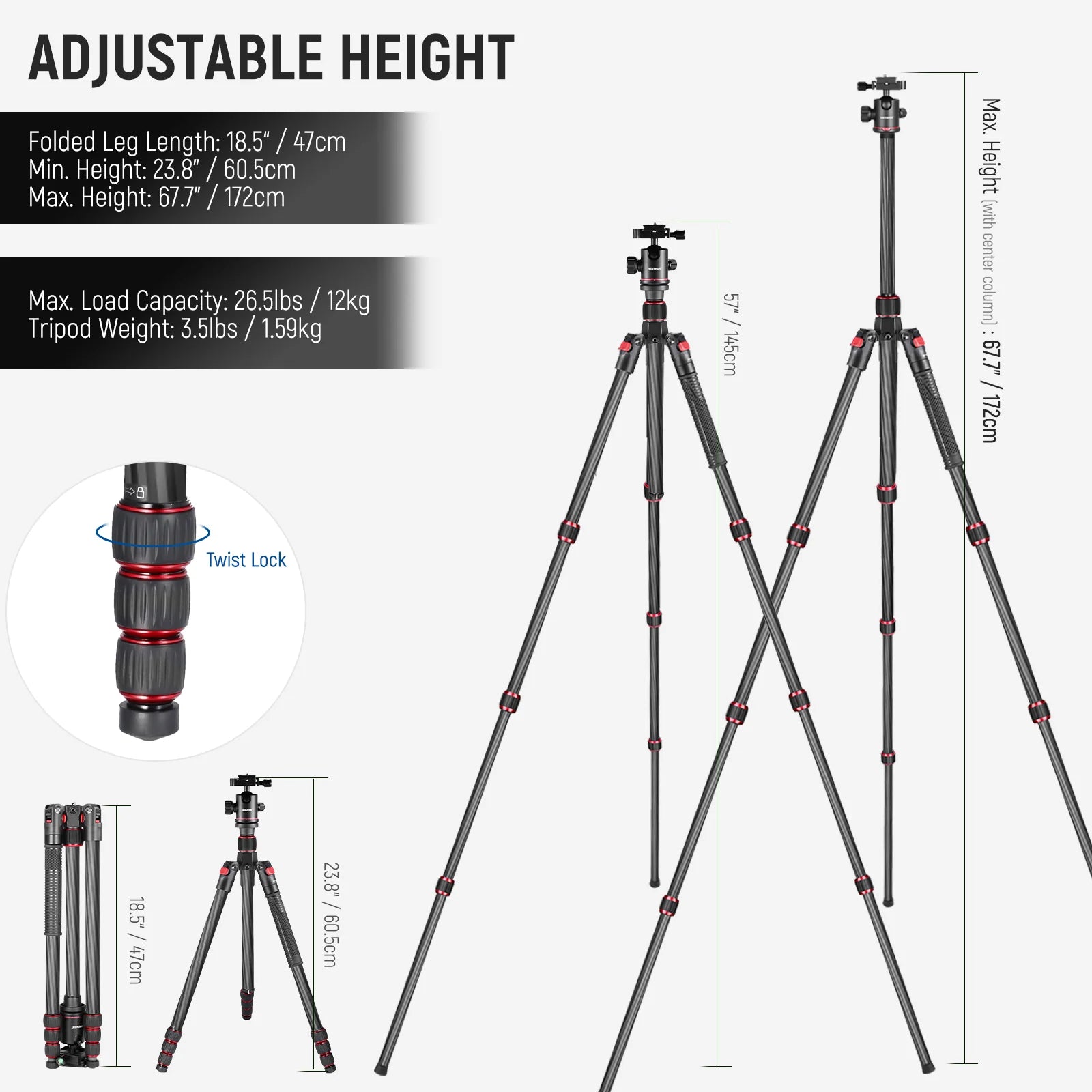 Trípode y monopié Neewer N55C de fibra de carbono de 172 cm