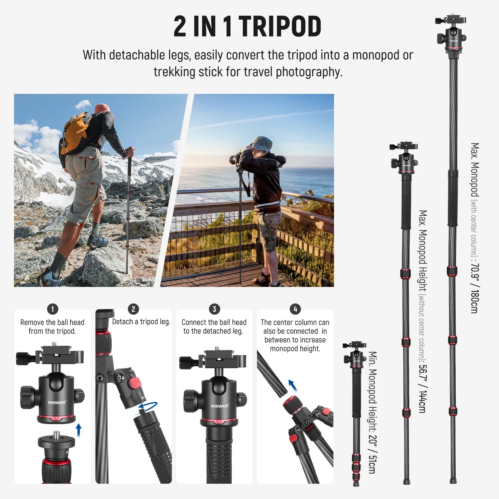 Trípode y monopié Neewer N55C de fibra de carbono de 172 cm