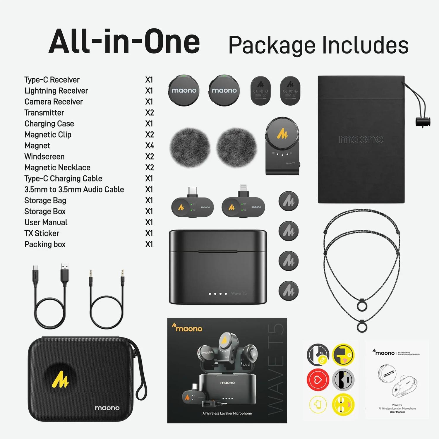 Micrófonos Inalámbricos Maono Wave T5 con 3 conectores y case de carga