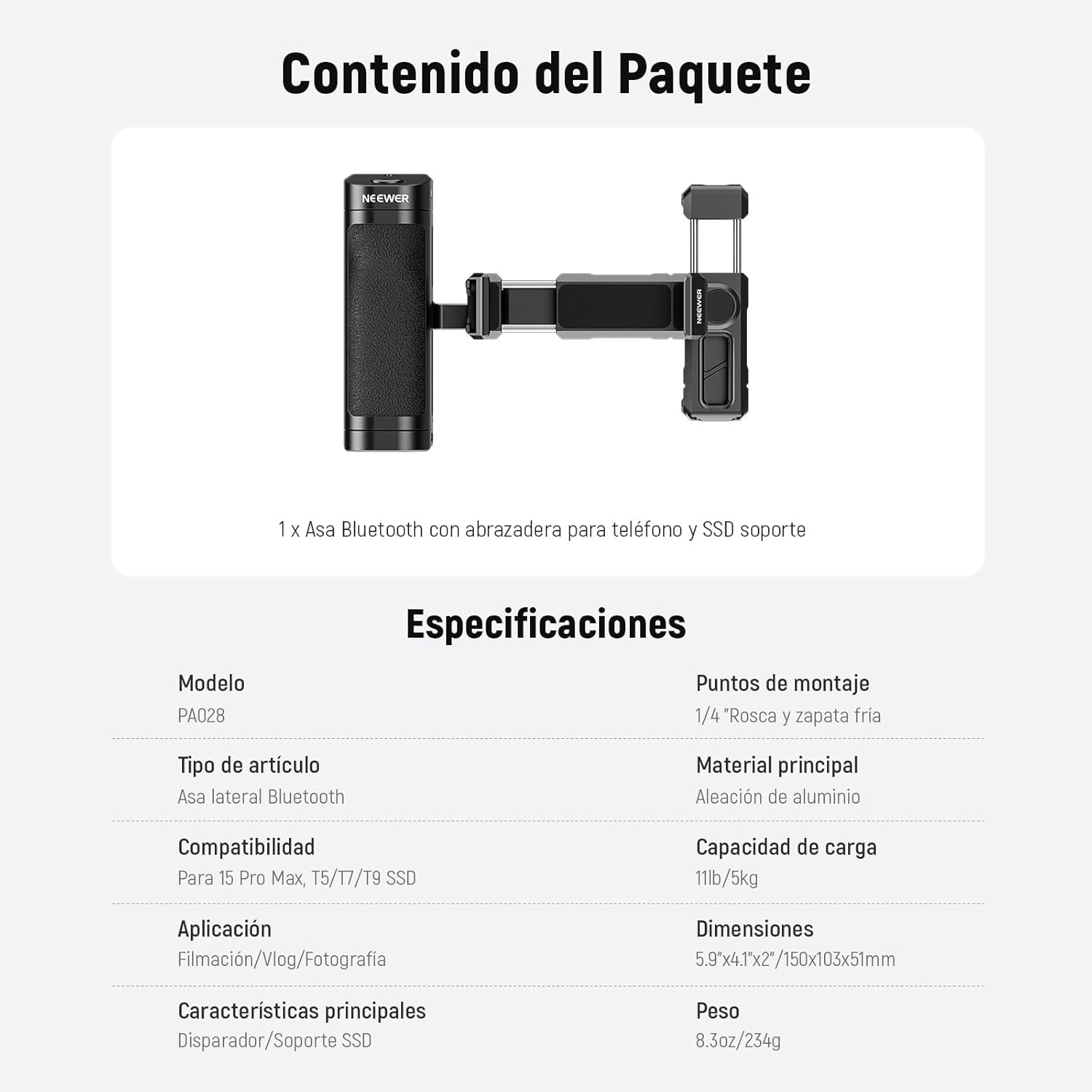 Mango Bluetooth Neewer PA028E con Soporte y Monturas