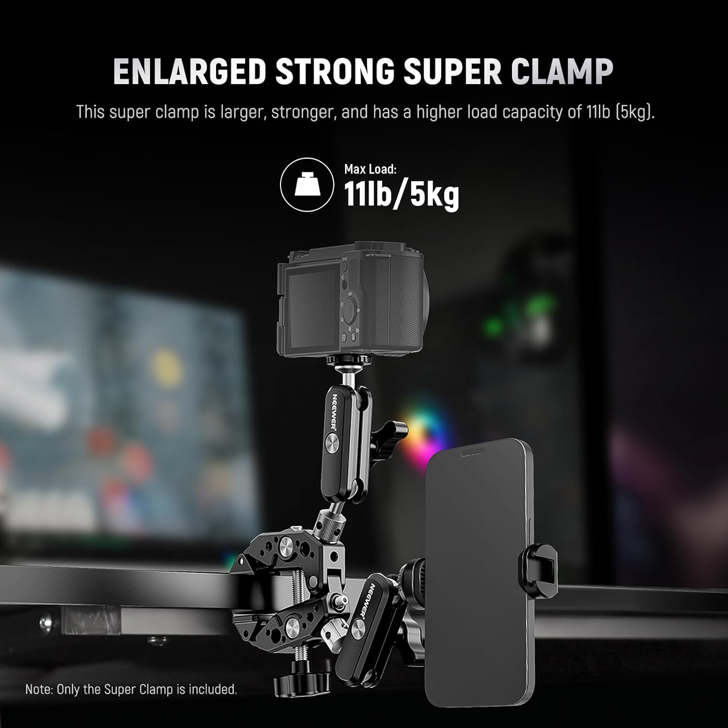 Super Clamp Neewer con 2 Brazos Mágicos de Bola 360°