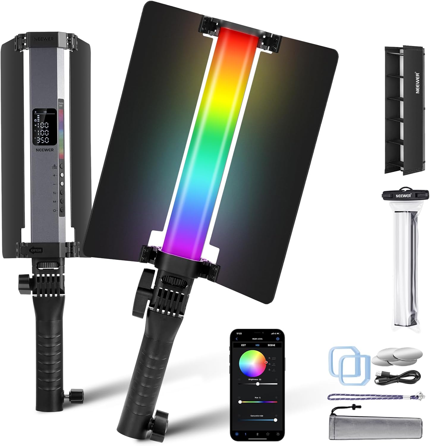 Luz LED RGB Neewer RGB1 con Barndoors y Control APP