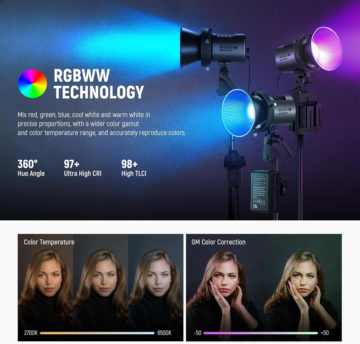 Foco de mano con luz LED RGB para video Neewer MS60C