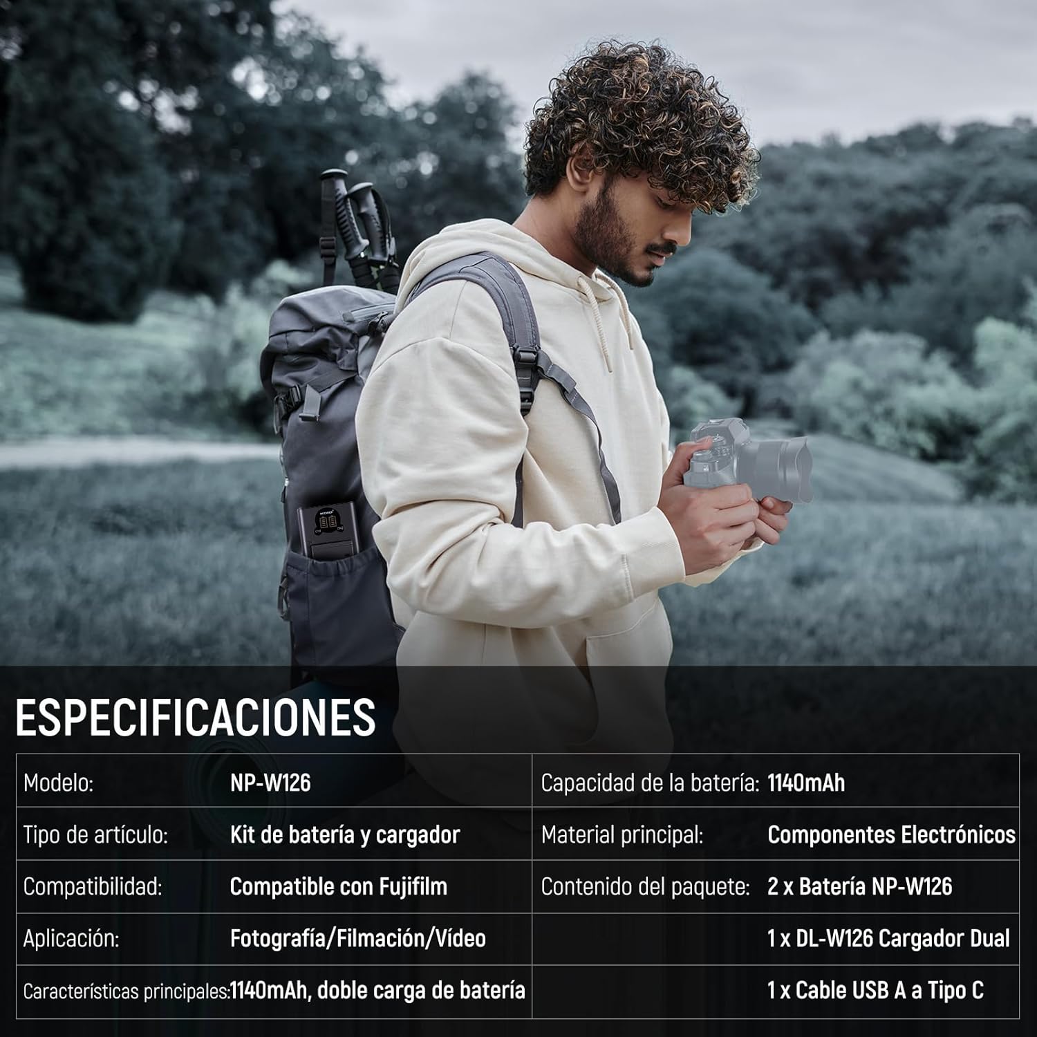 Kit 2 Baterías Neewer NP-W126 1140mAh con Cargador USB-C