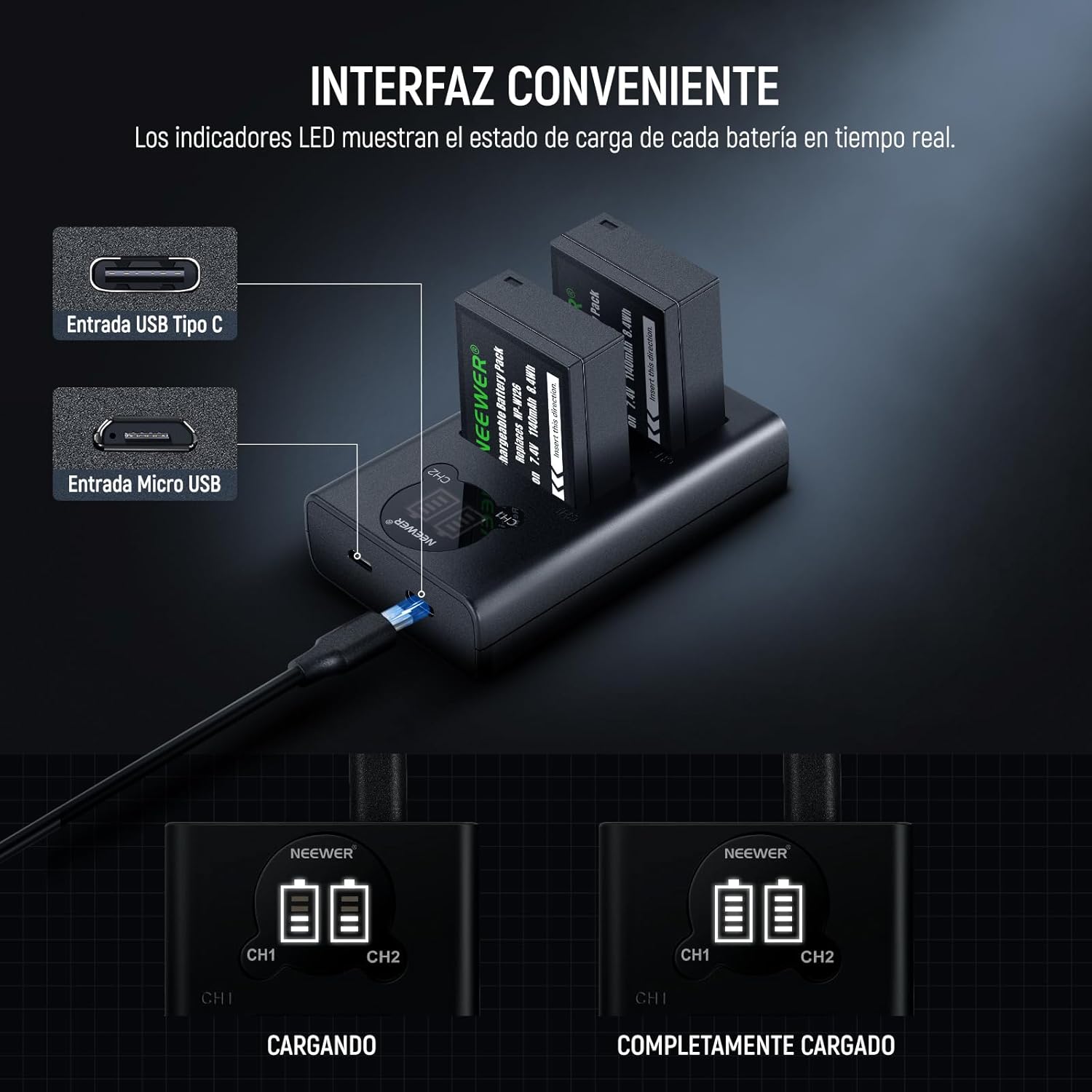 Kit 2 Baterías Neewer NP-W126 1140mAh con Cargador USB-C