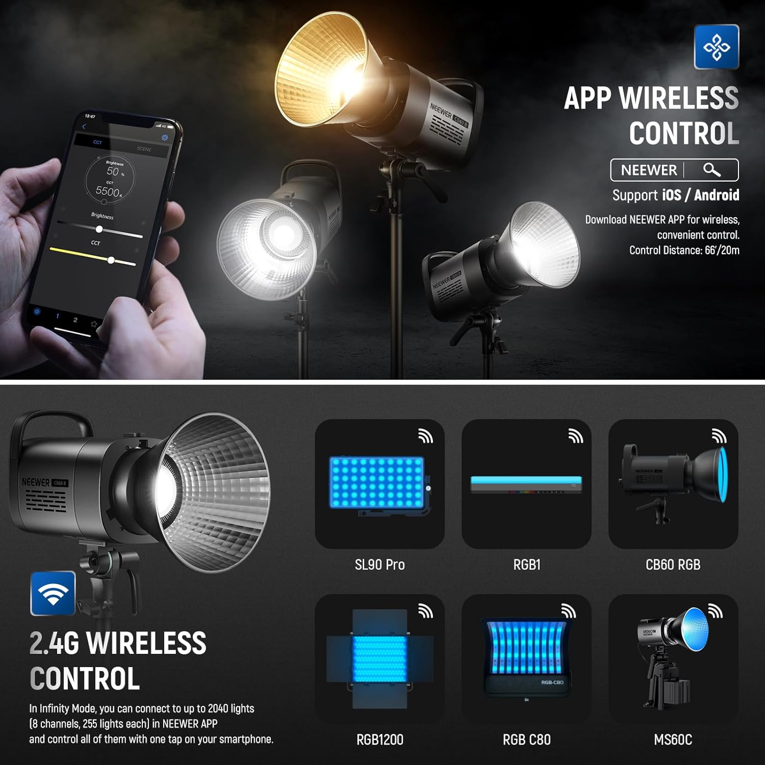 Luz LED Bicolor Neewer CB60B 70W con APP y Control 2.4G