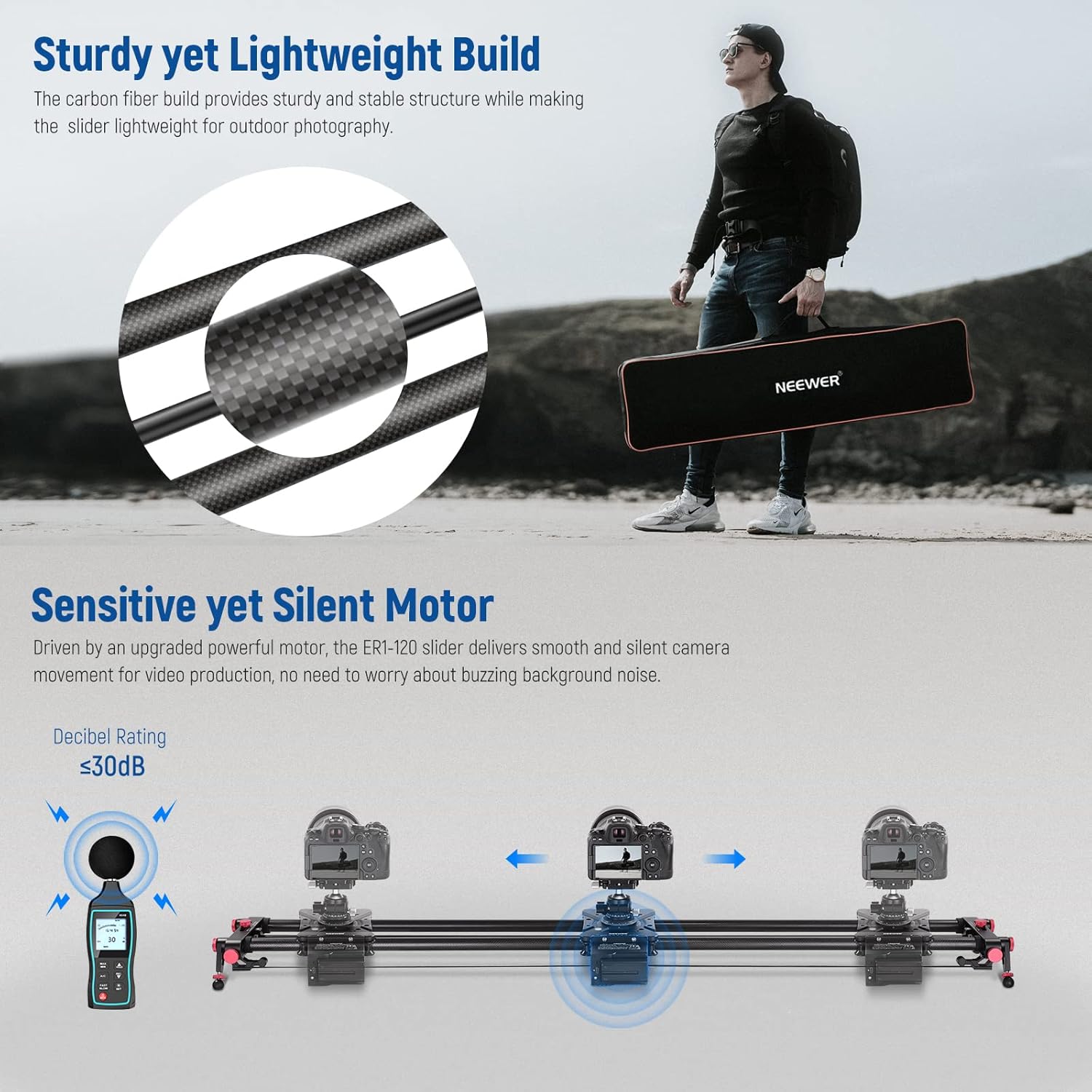 Slider Motorizado Neewer ER1 de Fibra de Carbono de 120 cm