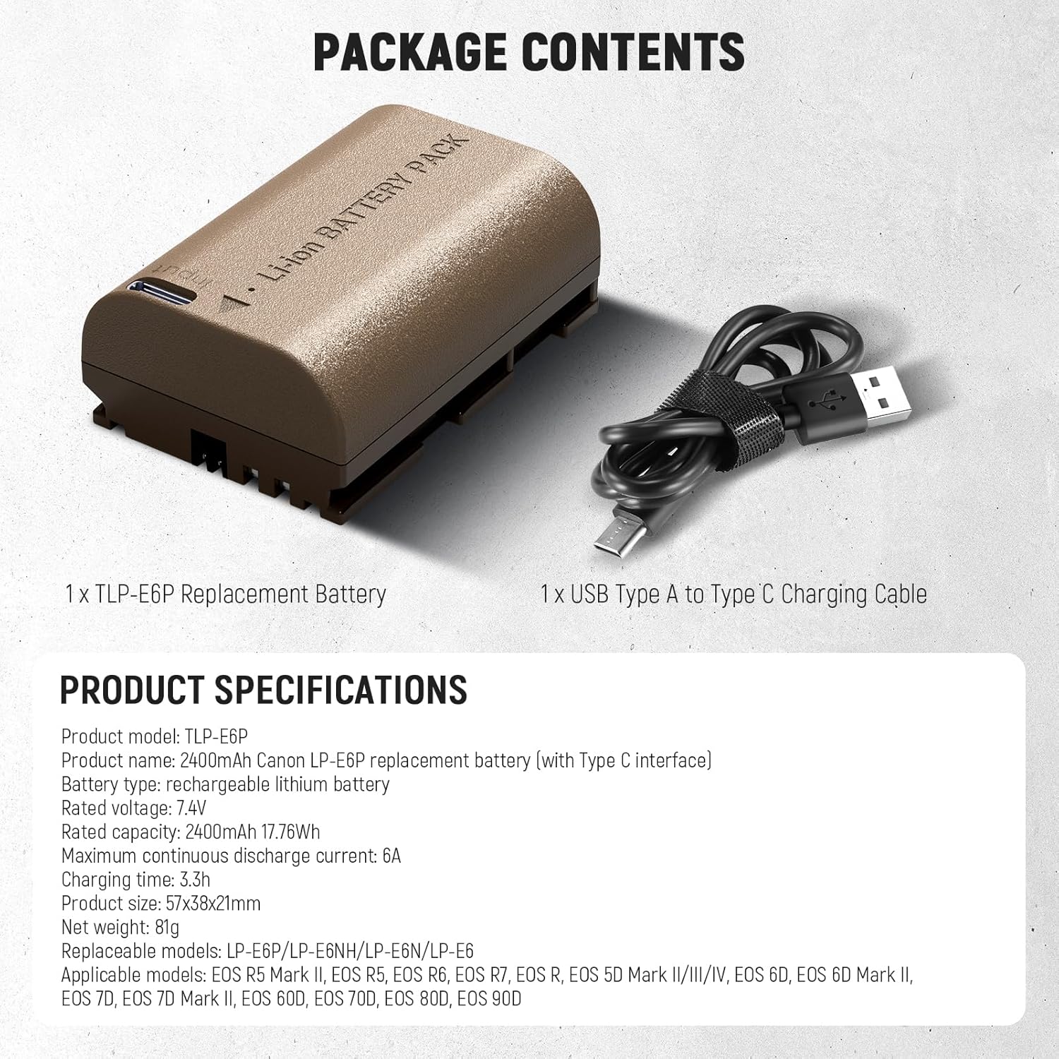 Batería Neewer LP-E6P 2400mAh con Puerto Tipo C