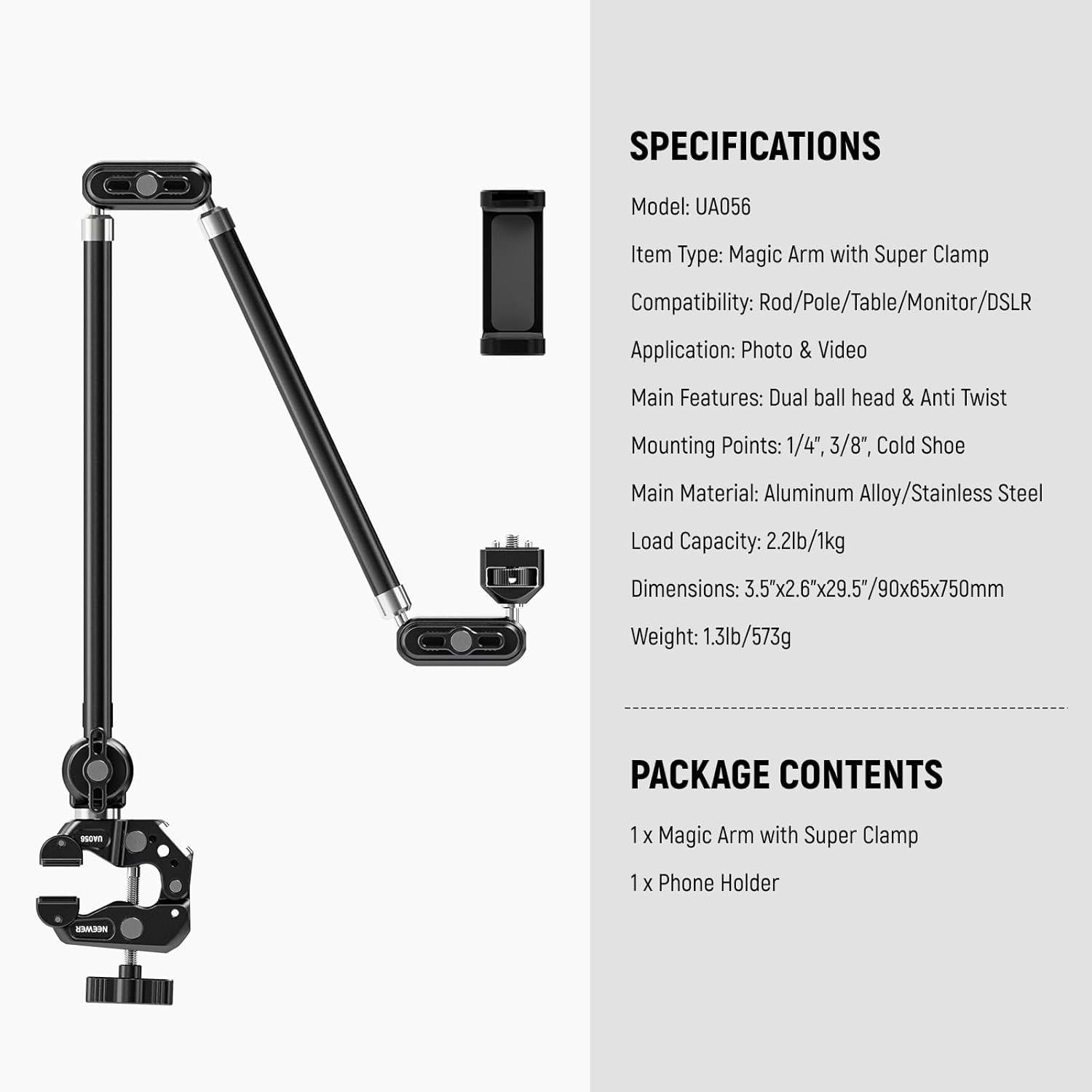 Brazo Mágico Neewer UA056 76 cm con Clamp y Soporte